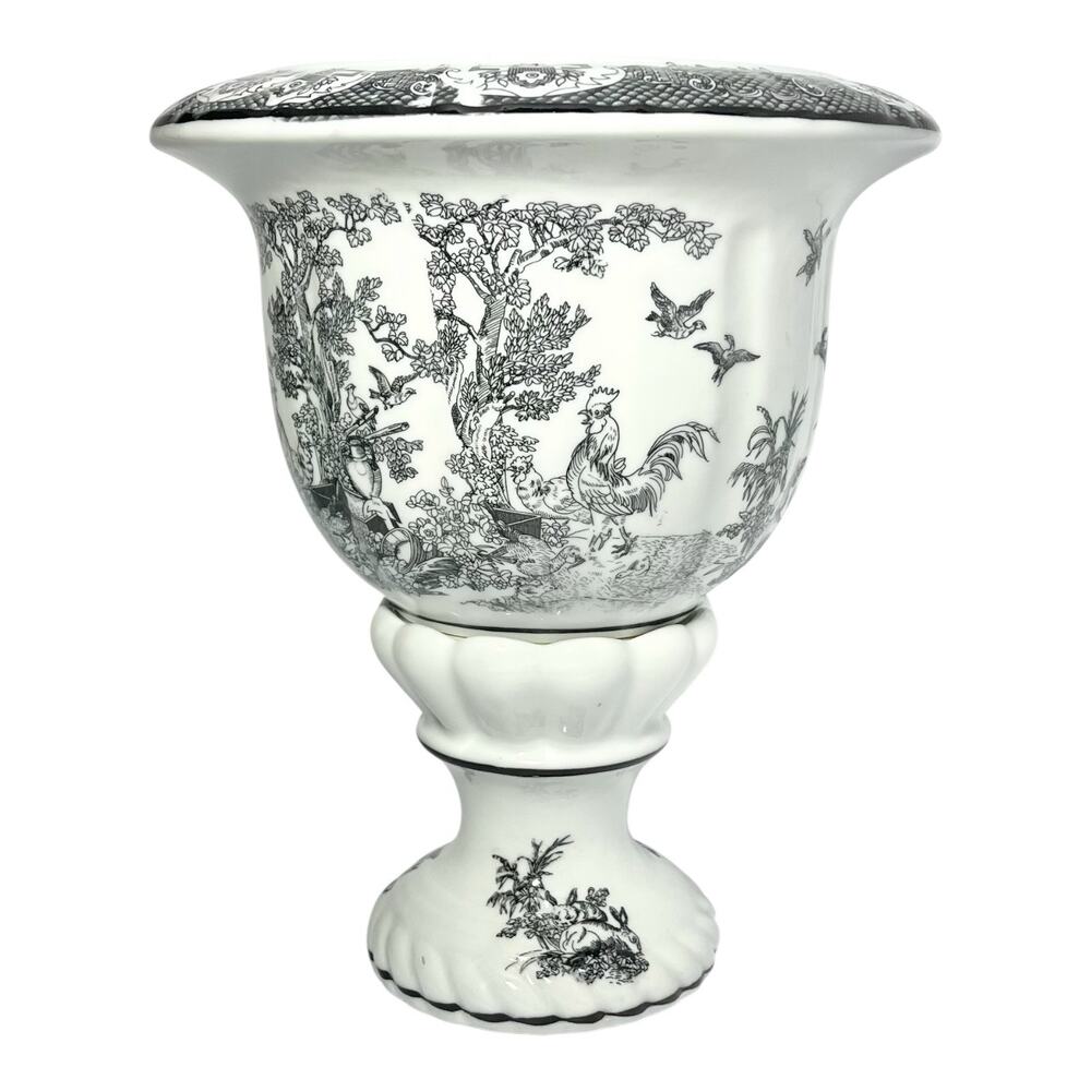 Porcelain Black & White Pedestal Transfer Planter Pot 11” Chinoiserie Toile